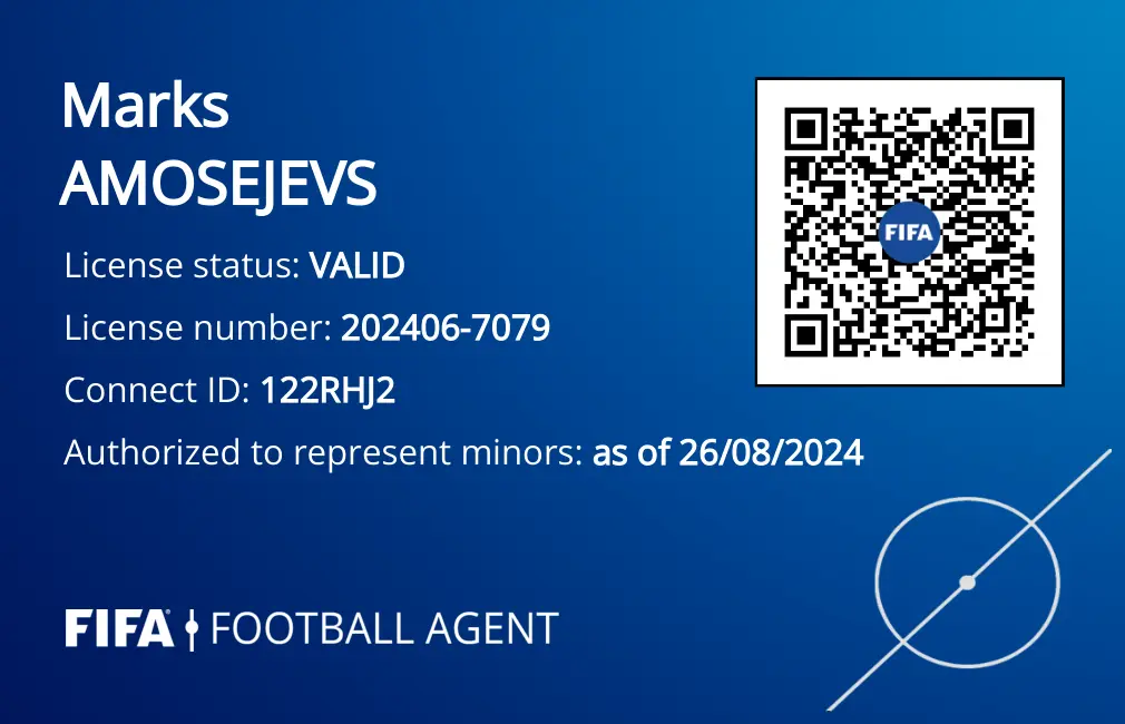 FIFA football agent licence of Marks Amosejevs — licence number 202406-7079, status valid, authorised to represent minors as of 26 August 2024